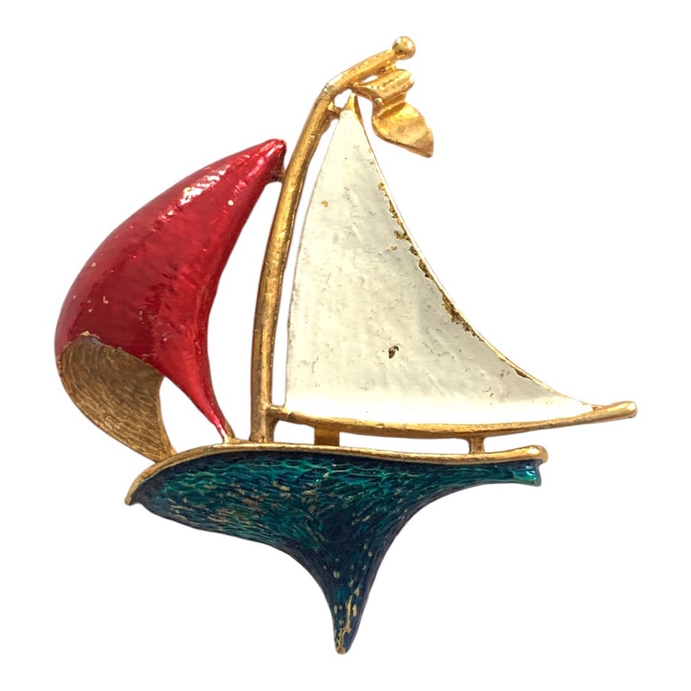 Vintage Gold Tone Sailboat Enamel Pin/Brooch - Red, White & Blue
